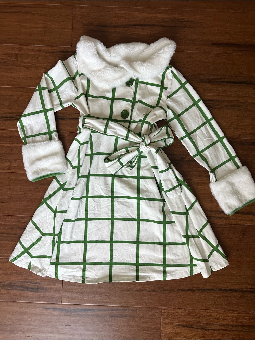 Only Little Once Christmas Rockette Green Windowpane Plaid and Faux Fur Collar